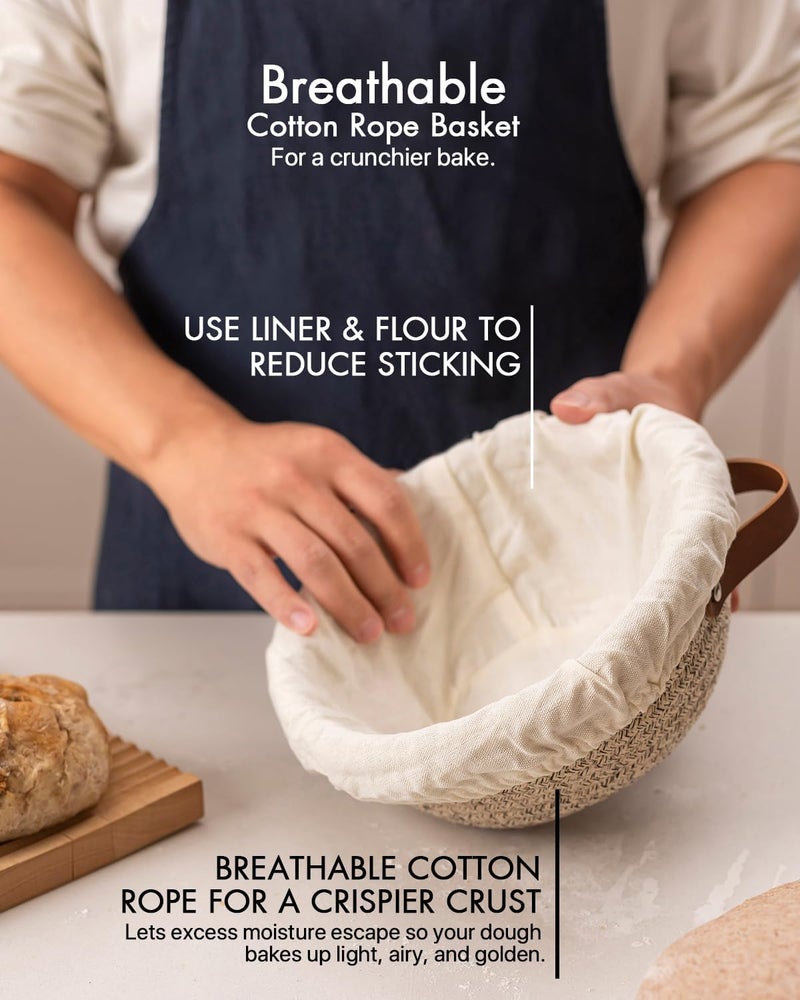 BARoyal Crispier Crust Cotton Rope Banneton Bread Proofing Basket Set, Oval & Round Bread Baskets with Liners & Covers for Artisan Bread Baking, Sourdough Bread Baking Supplies(White-Mixed Brown) - Image 2